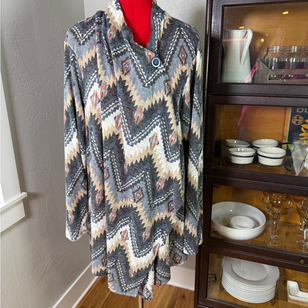 Bobeau Southwest Print Button Wrap Plus Boho Cardigan Plus Size 3X
